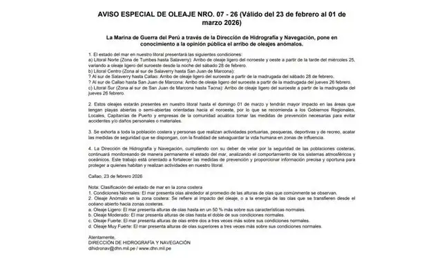 Comunicado de la Marina de Guerra del Perú sobre los oleajes anómalos que azotarán el litoral peruano. Foto: Dirección de Hidrografía y Navegación Comunicado de la Marina de Guerra del Perú sobre los oleajes anómalos que azotarán el litoral peruano. Foto: Dirección de Hidrografía y Navegación