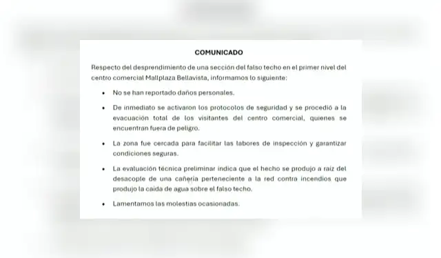 Comunicado de MallPlaza Bellavista sobre la caída de parte de su techo. Foto: difusión Comunicado de MallPlaza Bellavista sobre la caída de parte de su techo. Foto: difusión