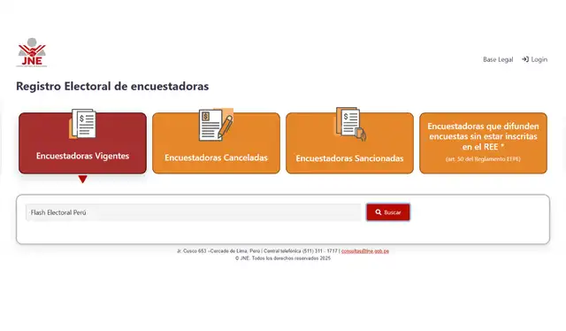 La empresa Flash Electoral Perú no figura en el Registro Electoral de Encuestadoras | Fotocaptura: REE - JNE.   