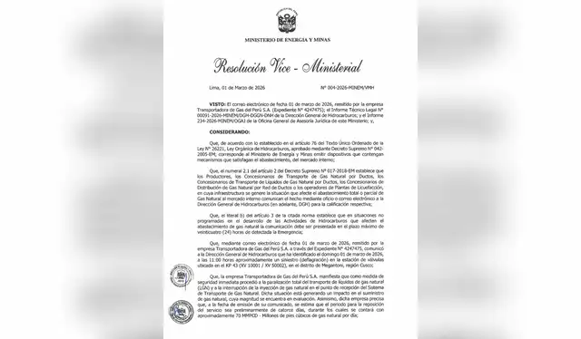  La resolución viceministerial del Minem. Foto: Minem 