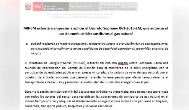 Comunicado del Minem. Foto: composición LR/ Ministerio de Energía y Minas Comunicado del Minem. Foto: composición LR/ Ministerio de Energía y Minas