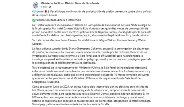  Comunicado del Ministerio Público sobre la ampliación de la prisión preventiva contra 5 policías. Foto: Facebook.   