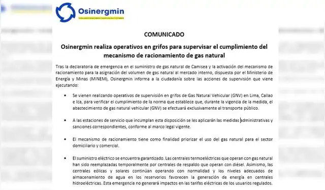 Comunicado Osinergmin. Foto: composición LR Comunicado Osinergmin. Foto: composición LR