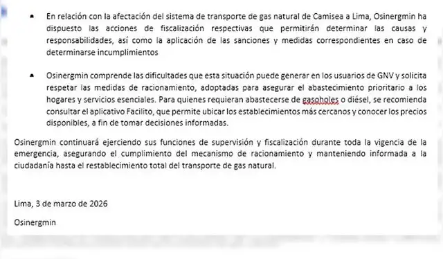 Comunicado Osinergmin. Foto: composición LR Comunicado Osinergmin. Foto: composición LR