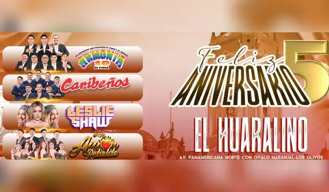 Caribeños de Guadalupe, Leslie Shaw, Armonía 10 y Amor Rebelde se juntarán en El Huaralino Internacional. Caribeños de Guadalupe, Leslie Shaw, Armonía 10 y Amor Rebelde se juntarán en El Huaralino Internacional.