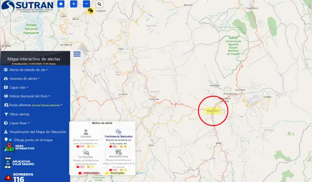 Mapa Interactivo de Alertas de la SUTRAN. Foto: SUTRAN  