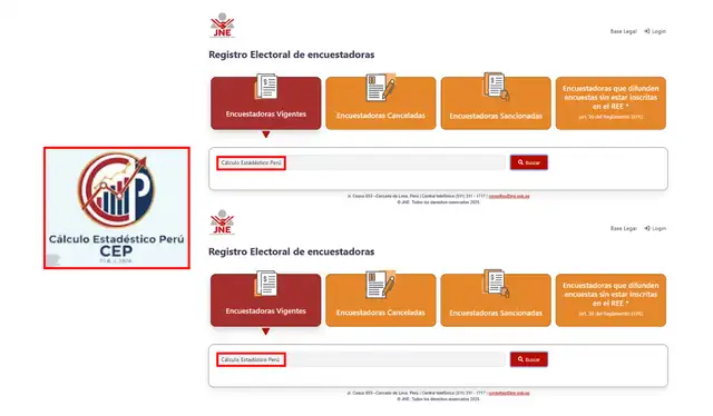 Los términos ‘Cálculo Estadéstico Perú’ y ‘Cálculo Estadístico Perú’ no aparecen en las búsquedas del Registro Electoral de Encuestadoras del JNE. Foto: Jurado Nacional de Elecciones  
