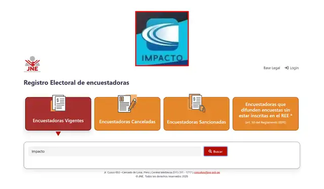 El término ‘Impacto’ no figura en la búsqueda del Registro Electoral de Encuestadoras del JNE. Foto: Jurado Nacional de Elecciones  