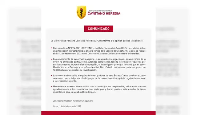 Fuente: Universidad Peruana Cayetano Heredia, 13 de febrero de 2021   