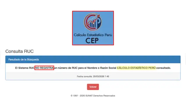 Cálculo Estadístico Perú no está registrado en la Sunat. Foto: Sunat Cálculo Estadístico Perú no está registrado en la Sunat. Foto: Sunat