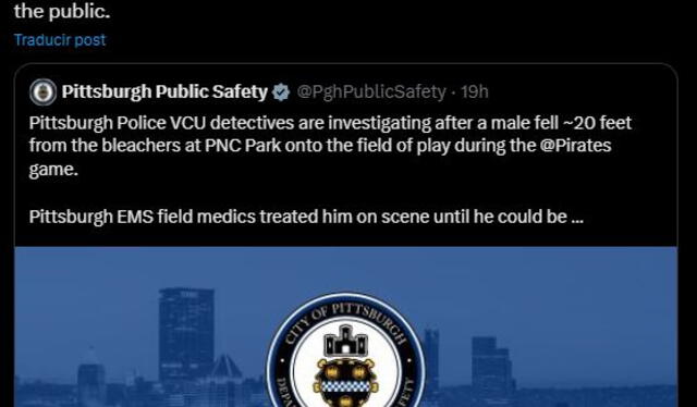 Pittsburg Public Safety's update over fallen fan's condition. Photo: Pittsburg Public Safety Department Pittsburg Public Safety's update over fallen fan's condition. Photo: Pittsburg Public Safety Department
