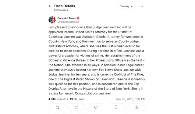 Trump announces on his Truth social media account that he will choose Jeanine Pirro as the top federal prosecutor in the United States. Photo: Truth Social Trump announces on his Truth social media account that he will choose Jeanine Pirro as the top federal prosecutor in the United States. Photo: Truth Social