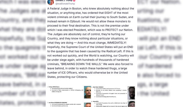 Donald Trump Truth's social post against Judge Brian Murphy, and evidence that the detainees has criminal records on the U.S. Photo: GLR Composition / Truth Social Donald Trump Truth's social post against Judge Brian Murphy, and evidence that the detainees has criminal records on the U.S. Photo: GLR Composition / Truth Social