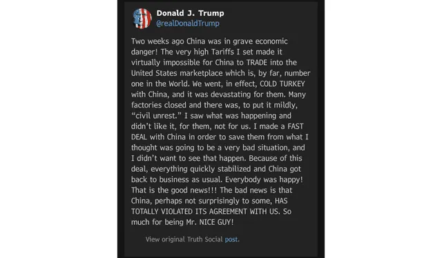 Trump claims on his Truth Social account that China broke the Geneva agreement. Photo: Reddit   