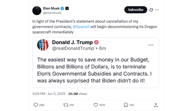 Elon Musk responds to Trump on his X account that he will retire the Dragon spacecraft. Photo: CNBC Elon Musk responds to Trump on his X account that he will retire the Dragon spacecraft. Photo: CNBC