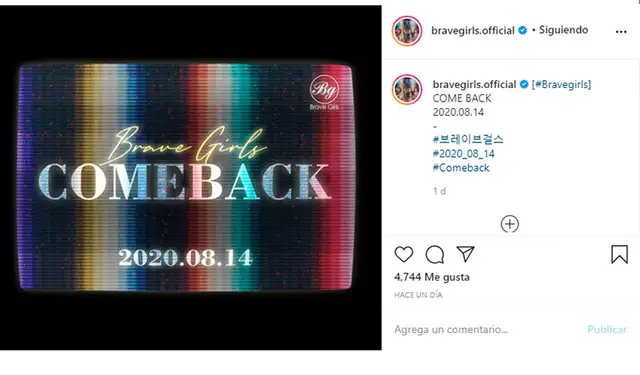 5.8.2020 Post de BRAVE GIRLS anunciando su comeback en agosto. Crédito: captura Instagram 5.8.2020 Post de BRAVE GIRLS anunciando su comeback en agosto. Crédito: captura Instagram