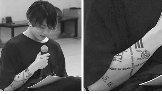 Los nuevos tatuajes de Jungkook se encuentran debajo de su codo derecho. Crédito: Big Hit