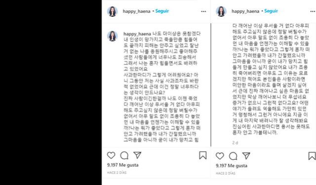 14.8.2020. Post de Haena denunciando ser víctima de acoso. Crédito: captura Instagram Happy Haena