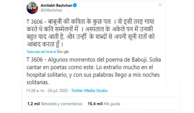 Bollywood: Amitabh Bachchan revela que los poemas de su padre lo acompañan durante su estadía en el hospital. Crédito: captura Twitter