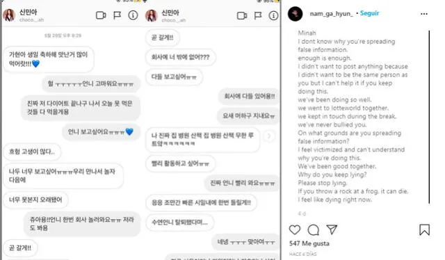 I LUV: Post de Gahyun pidiendo a Minah que no difunda comentarios maliciosos contra ella. Crédito: Instagram