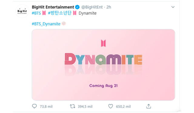 Tweet de Big Hit anunciando el nuevo single de BTS. Crédito: captura