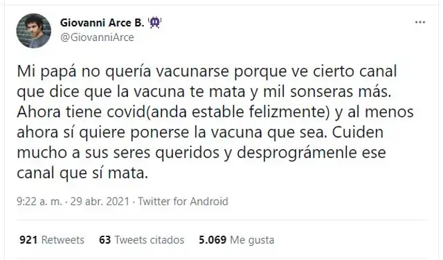 Giovanni Arce confirma que su padre tiene el coronavirus. Foto: captura/Twitter