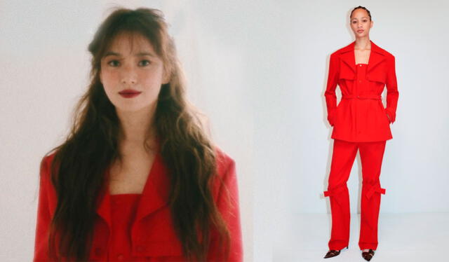 Song Hye Kyo luce un traje rojo vestido de la colección fall 2020 ready-to-wear de Bottega Veneta.