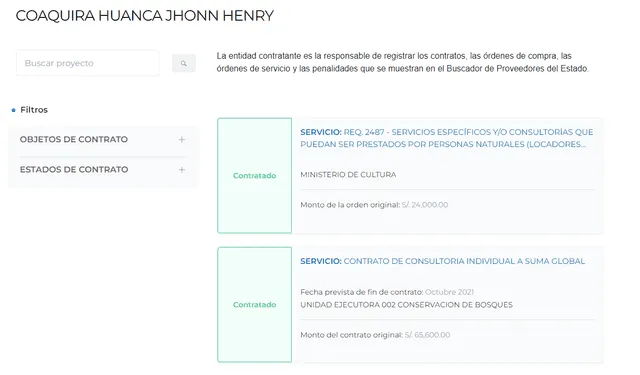 Los contratos del hijo de Lourdes Huanca con los ministerios de Ambiente y Cultura. Foto: captura proveedores del Estado.
