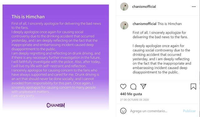 Himchan y su mensaje a fans en Instagram. Foto: @chanismofficial