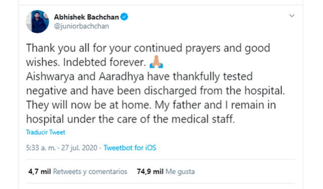 Tweet del esposo de Aishwarya Rai confirmando su alta del hospital. Crédito:  captura Twitter.
