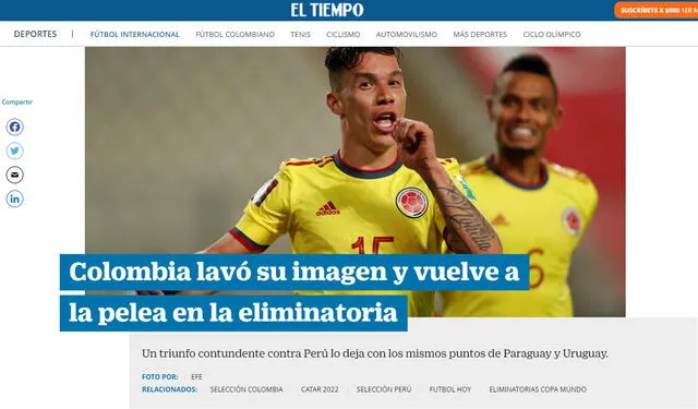 Así informó la prensa extranjera el 3-0 de Colombia a Perú. Foto: captura de pantalla/El Tiempo
