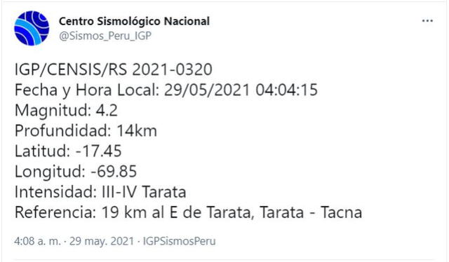 Datos del temblor en Tacna. Foto: captura Twitter
