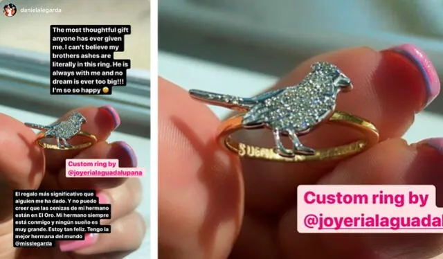 Post de Daniela Legarda mostrando el anillo hecho con las cenizas de su hermano. Crédito: captura Instagram Danielalegarda
