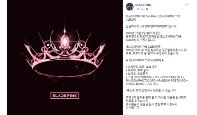 Post de Facebook de YG Entertainment sobre el primer álbum completo de BLACKPINK. Crédito: captura