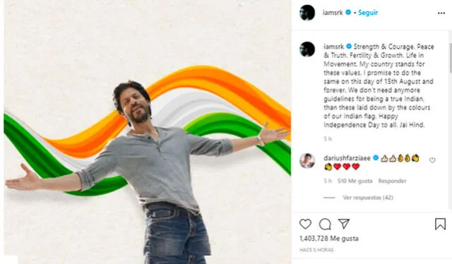 15.8.2020. Post de Shah Rukh Khan por el Día independencia en India. Crédito: captura Instagram