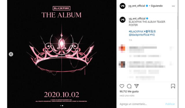 Post de Instagram de YG Entertainment sobre el primer álbum completo de BLACKPINK. Crédito: captura