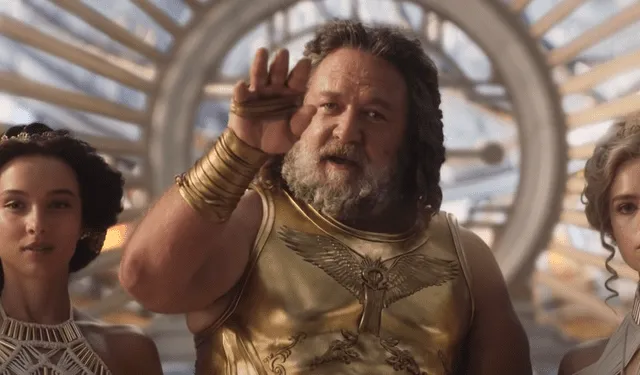 Russell Crowe como Zeus en "Thor: love and thunder". Foto: Marvel Studios