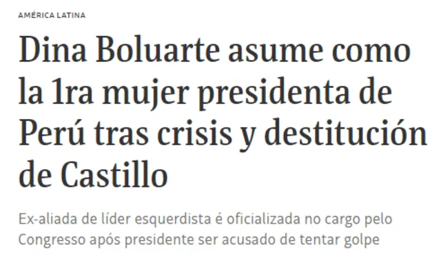 Los medios destacaron a Dina Boluarte como la primera presidenta del Perú mujer. Foto: captura de Folha de Sao Paulo