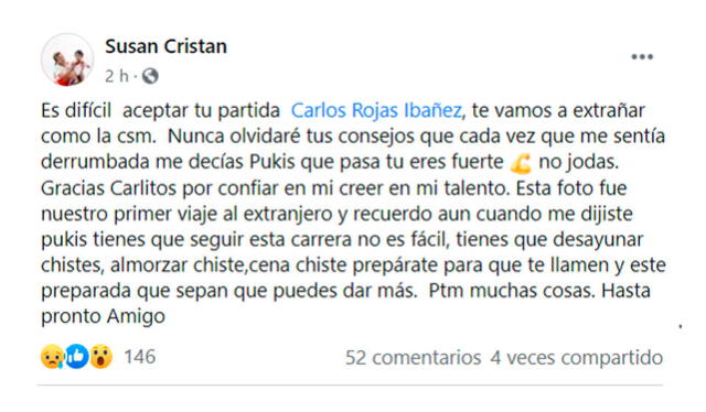 Post de La 'Chola Puca' lamentando la muerte de Carlos Rojas, hermano de Manolo Rojas. Crédito: captura Facebook