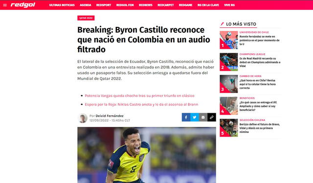 Así informó Red Gol sobre el caso de Byron Castillo. Foto: Red Gol