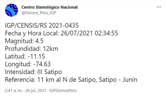 Temblor se registró a las 02.34 a. m. Foto: captura Twitter Temblor se registró a las 02.34 a. m. Foto: captura Twitter