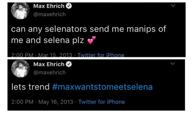 Tweets de Max Ehrich expresando su amor por Selena Gomez. 2015. Crédito: captura Twitter