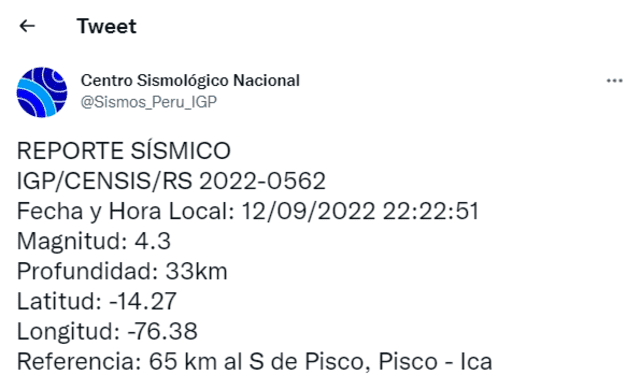 El sismo se produjo la noche del lunes 12 de septiembre. Foto: IGP/Twitter