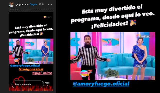 14.9.2020 | Guty Carrera celebra el regreso de  Rodrigo González y Gigi Mitre a la televisión. Crédito: captura Instagram