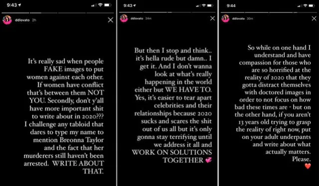 Demi Lovato reaccionó en sus stories de Instagram denunciando que los presuntos tweets de su novio eran falsos. Crédito: captura IG