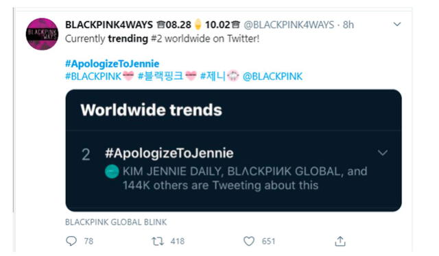 23.8.2020. BLACKPINK: BLINK mostró su apoyo a Jennie con el  hashtag #ApologizeToJennie.  Crédito: captura Twitter
