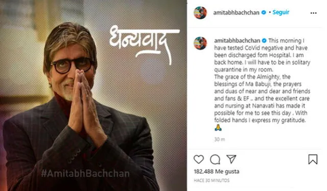 Amitabh Bachchan anuncia en Instagram su regreso a casa tras superar el COVID19. Crédito: captura