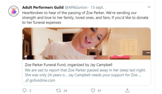 Mensaje de la Gremio de Artistas Adultos tras conocerse la muerte de Zoe Parker. Crédito: captura Twitter.
