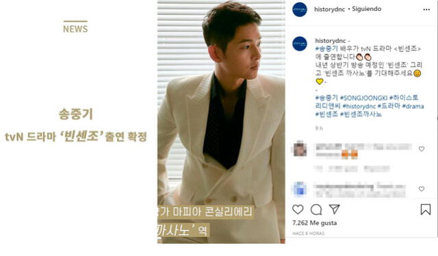 La agencia de Song Joong Ki confirmó vía Instagram su participación en el próximo drama de tvN, Vincenzo. Crédito: captura