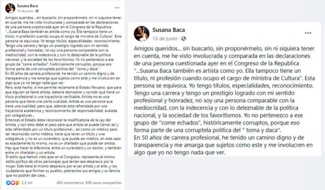 13.6.2020 | Post de Susana Baca respondiendo a las declaraciones de Richard Swing ante el Congreso. Crédito: captura Facebook